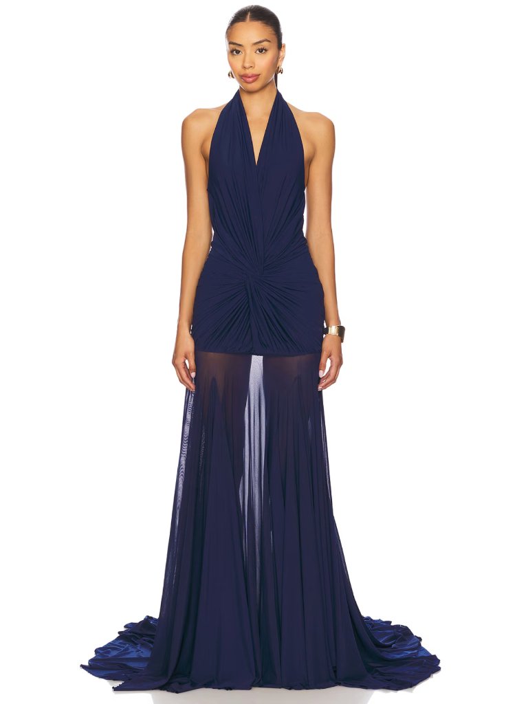 New Deme By Gabriella Chloe Gown In Navy Dark Blue Formal Halter Maxi Dress Xl